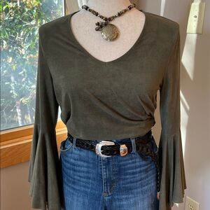 Chico's Sage Green Faux Suede Lightweight Top with Long Butterfly Sleeve